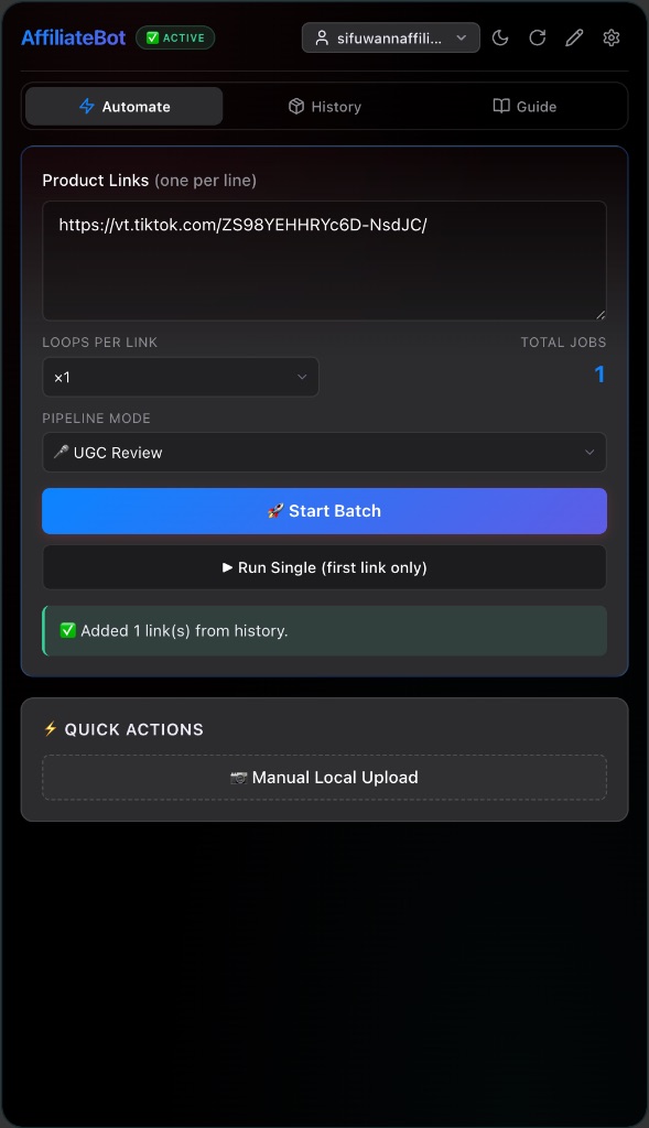 Side panel Chrome extension AffiliateBot dengan ruangan Product Links, Loops Per Link, Pipeline Mode dan butang Start Batch