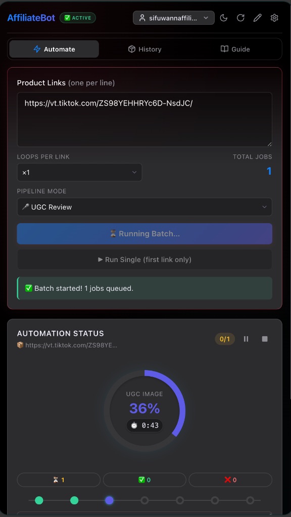 Side panel AffiliateBot memaparkan Automation Status: peringkat semasa, peratus kemajuan, kiraan job berjaya dan gagal, serta butang Pause dan Stop