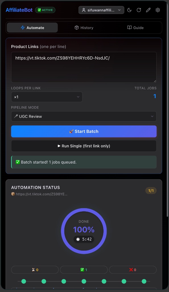 Side panel AffiliateBot menunjukkan satu job selesai 100 peratus dengan semua peringkat ditanda siap