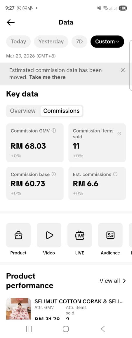 Screenshot komisen TikTok affiliate @kilang_perfume — Day 1