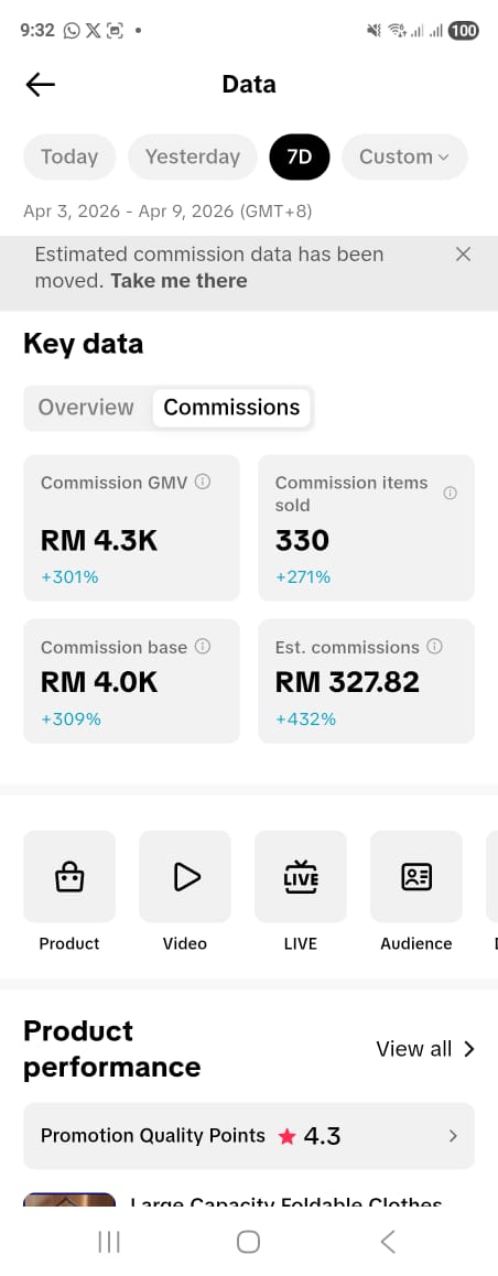 Screenshot komisen TikTok affiliate @muhamad.inwann — 7 Days