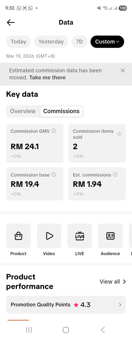 Screenshot komisen TikTok affiliate @muhamad.inwann — Day 1